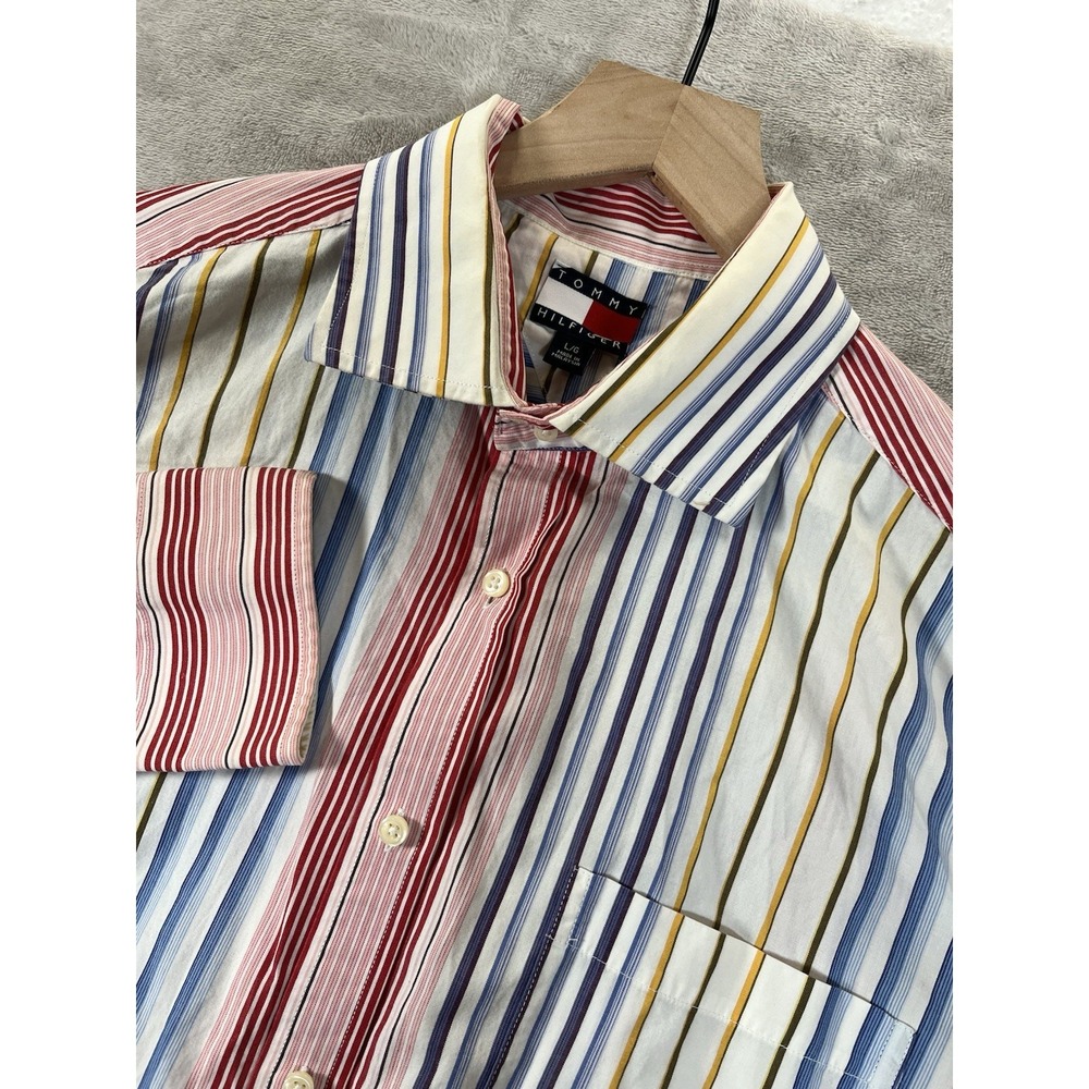 Vintage‎ Tommy Hilfiger Dress Shirt Mens Large Blue Red Yellow Long Sleeve